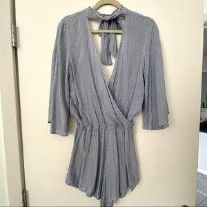 Blue & White striped low V choker romper!